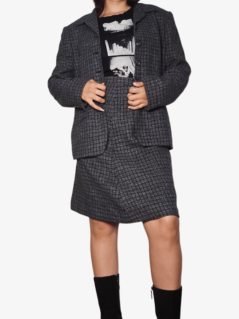 Vintage Gray Tweed Wool Jacket & Skirt Set!